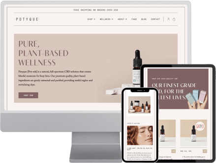 Potyque Website Mockup on Desktop, Tablet and Mobile